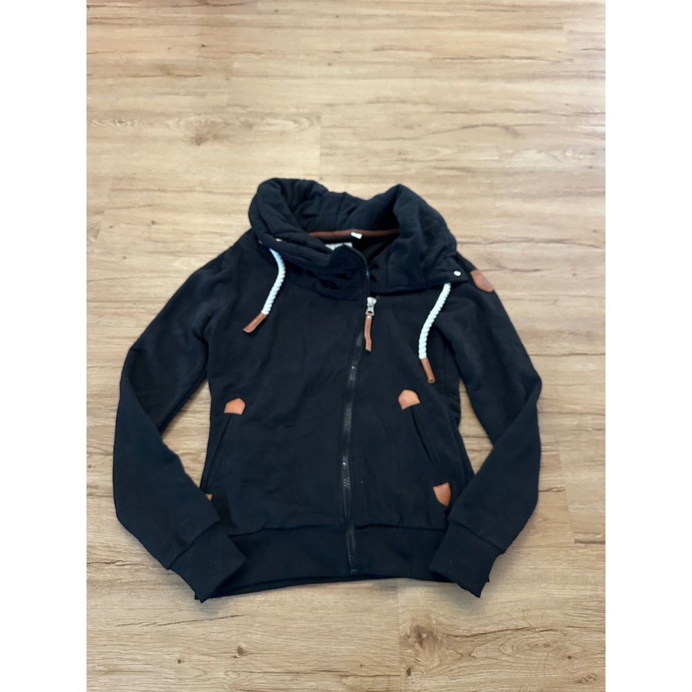Wanakome Women's Small Black Full Zip Hoodie Cowl Neck Leather Trim Rope